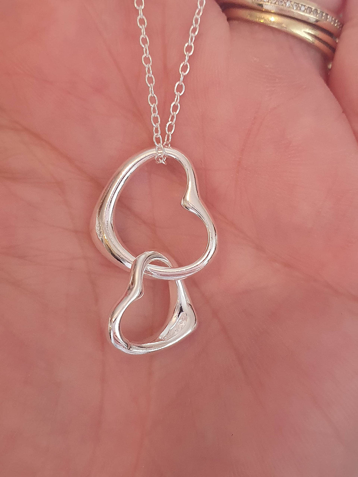 Classic Double Floating Heart Pendant Necklace on Silver Tone Curb Chain for Women/Teenage/Girls - 925 Sterling Silver Plated