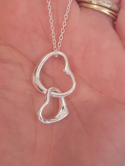 Classic Double Floating Heart Pendant Necklace on Silver Tone Curb Chain for Women/Teenage/Girls - 925 Sterling Silver Plated