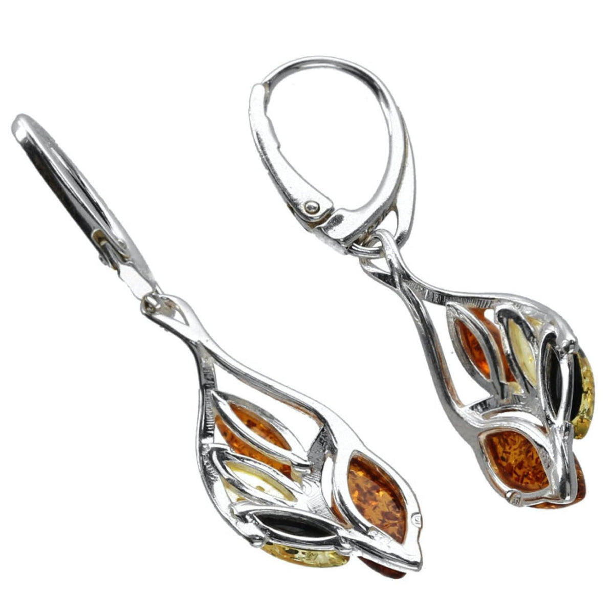 Warped Teardrop Mixed Baltic Amber Lever Back Fancy Dangly/Dangle Drop Silver Earrings for Women/Ladies/Girls - 925 Sterling Silver - Amber Jewellery for Women. 070238
