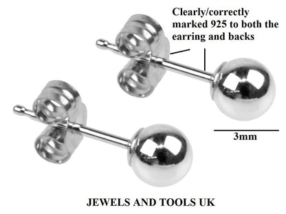 3MM BALL/BEAD Sterling Silver Stud Earrings/Ear Studs - Plain & Discreet