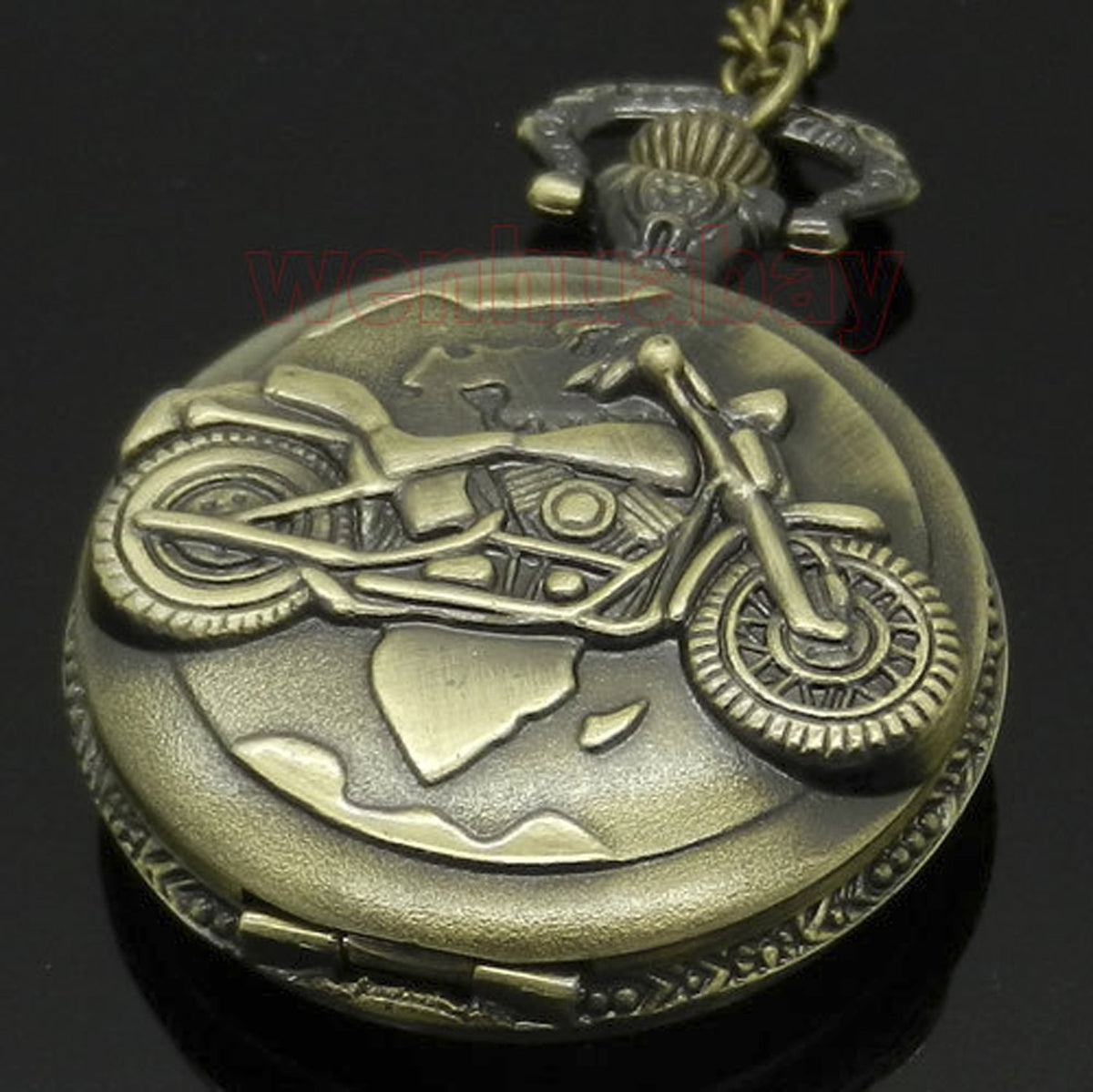 Motorbike/Motorcycle Themed Men's Quartz Pocket Watch Necklace - On 32" Inch / 80cm Chain 