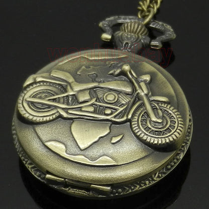 Motorbike/Motorcycle Themed Men's Quartz Pocket Watch Necklace - On 32" Inch / 80cm Chain 