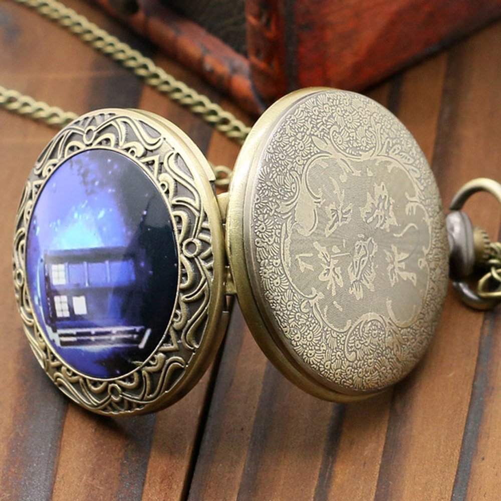 DR WHO Blue Tardis Bronze Effect Retro/Vintage Case Full Hunter Mens/Boys Quartz Pocket Watch Necklace - On 32" Inch / 80cm Chain