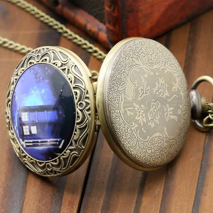 DR WHO Blue Tardis Bronze Effect Retro/Vintage Case Full Hunter Mens/Boys Quartz Pocket Watch Necklace - On 32" Inch / 80cm Chain