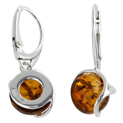 Swirl Overlay Circle Baltic Honey Amber Lever Back 925 Sterling Silver Earrings for Women/Ladies - Fancy Art Deco Cognac Amber Dangly/Dangle Drop Earrings. 070444