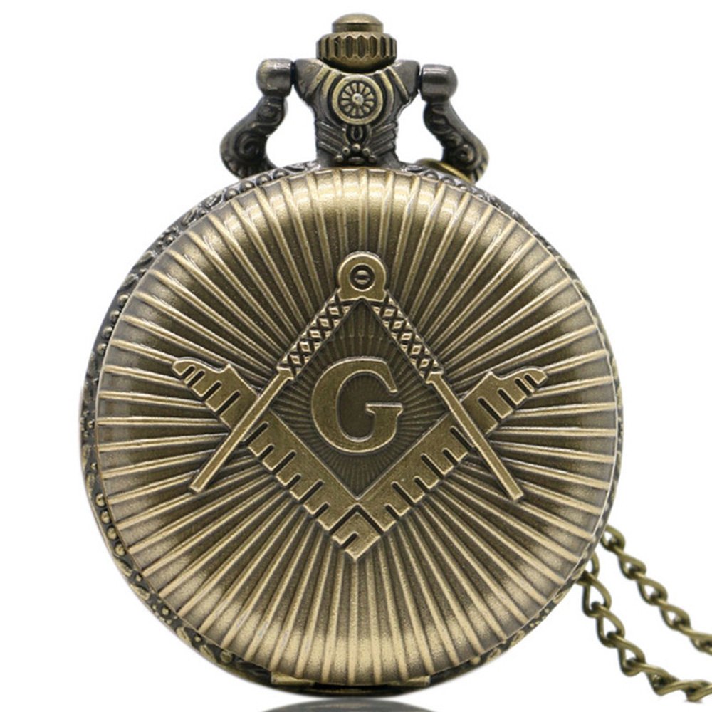 Freemasons Masonic Bronze Effect Retro/Vintage Case Men's Quartz Pocket Watch Necklace - On 32" Inch / 80cm Chain