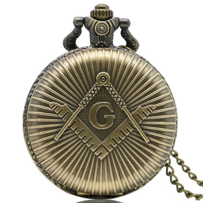Freemasons Masonic Bronze Effect Retro/Vintage Case Men's Quartz Pocket Watch Necklace - On 32" Inch / 80cm Chain
