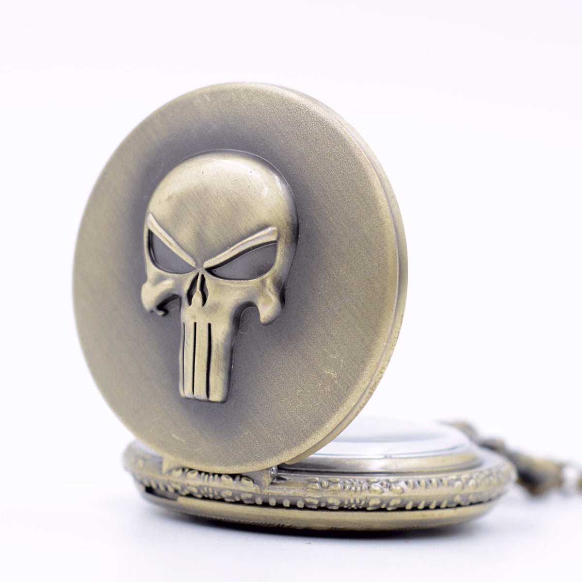 Skull Themed 3D Brushed Bronze Effect Quartz Pocket Watch Necklace - On 32" Inch / 80cm Chain