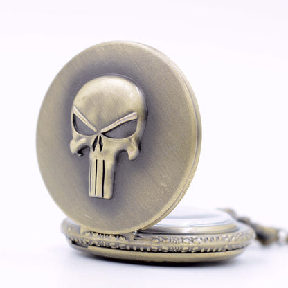 Skull Themed 3D Brushed Bronze Effect Quartz Pocket Watch Necklace - On 32" Inch / 80cm Chain