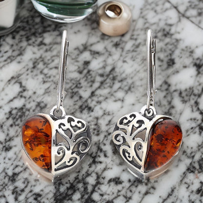 Filigree Heart Baltic Orange Amber Lever Back 925 Sterling Silver Earrings for Women/Ladies/Girls - Fancy Heart Amber Dangly/Dangle Drop Earrings - Amber Jewellery for Women. 070125C