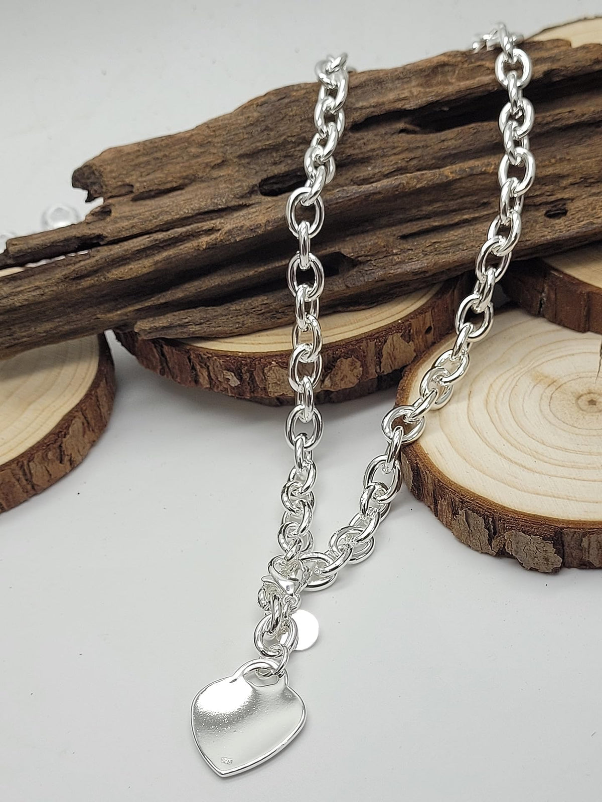 18" Inch Heart or Round Charm Tag Sterling Silver Plated Necklace for Women/Teenager/Girls on 18" Inch / 45cm Chain - Chunky Belcher Link Necklace with Charm Tag