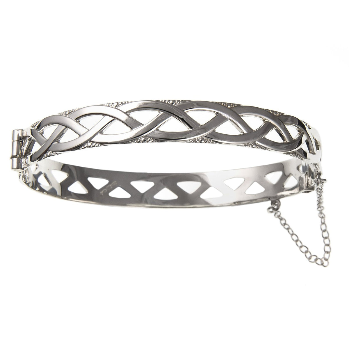 9MM Wide WOMENS Irish Celtic Knot Weave Hinged Bangle Bracelet with Safety Chain - 925 Sterling Silver - Irish Jewellery