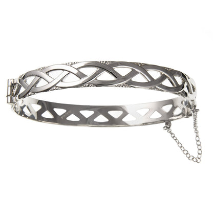 9MM Wide WOMENS Irish Celtic Knot Weave Hinged Bangle Bracelet with Safety Chain - 925 Sterling Silver - Irish Jewellery