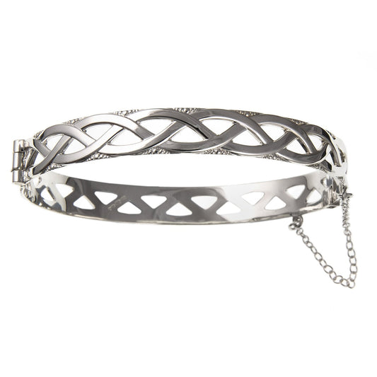 9MM Wide WOMENS Irish Celtic Knot Weave Hinged Bangle Bracelet with Safety Chain - 925 Sterling Silver - Irish Jewellery