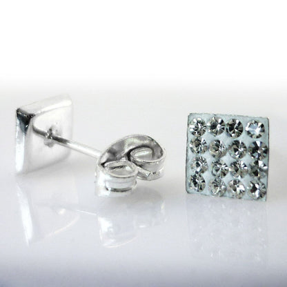 6MM Bling MENS Square Micro Pave Austrian Crystal Sterling Silver Stud Earrings – White/Clear -
