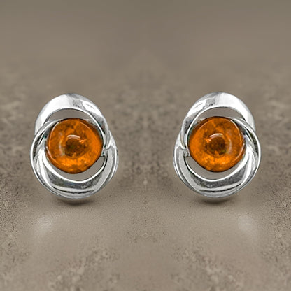 Honey Cognac Orange Amber Sterling Silver Stud Earrings/Ear Studs for Women Ladies Girls - 