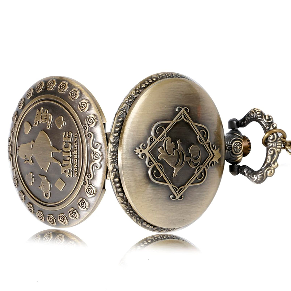 Alice in Wonderland Themed 3D Bronze Effect Women's Quartz Pocket Watch Necklace for Women 