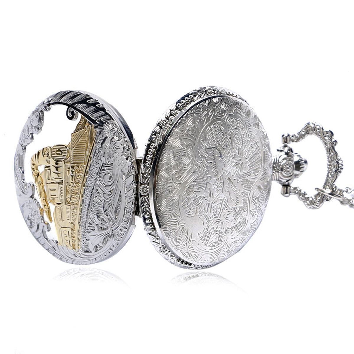 Gold Tone STEAM Train/Locomotive Engine with Ornate Border3D Polished Silver Finish Antiqued/Vintage Case Men's Quartz Pocket Watch Necklace - On 32" Inch / 80cm Chain