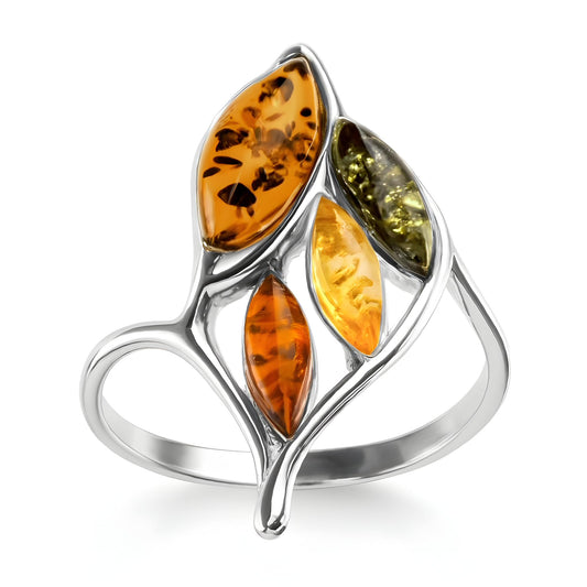 Tri-Colour Amber Sterling Silver Ring - Multi-Stone Yellow, Green, Orange Amber Jewellery - Sizes J-R Available