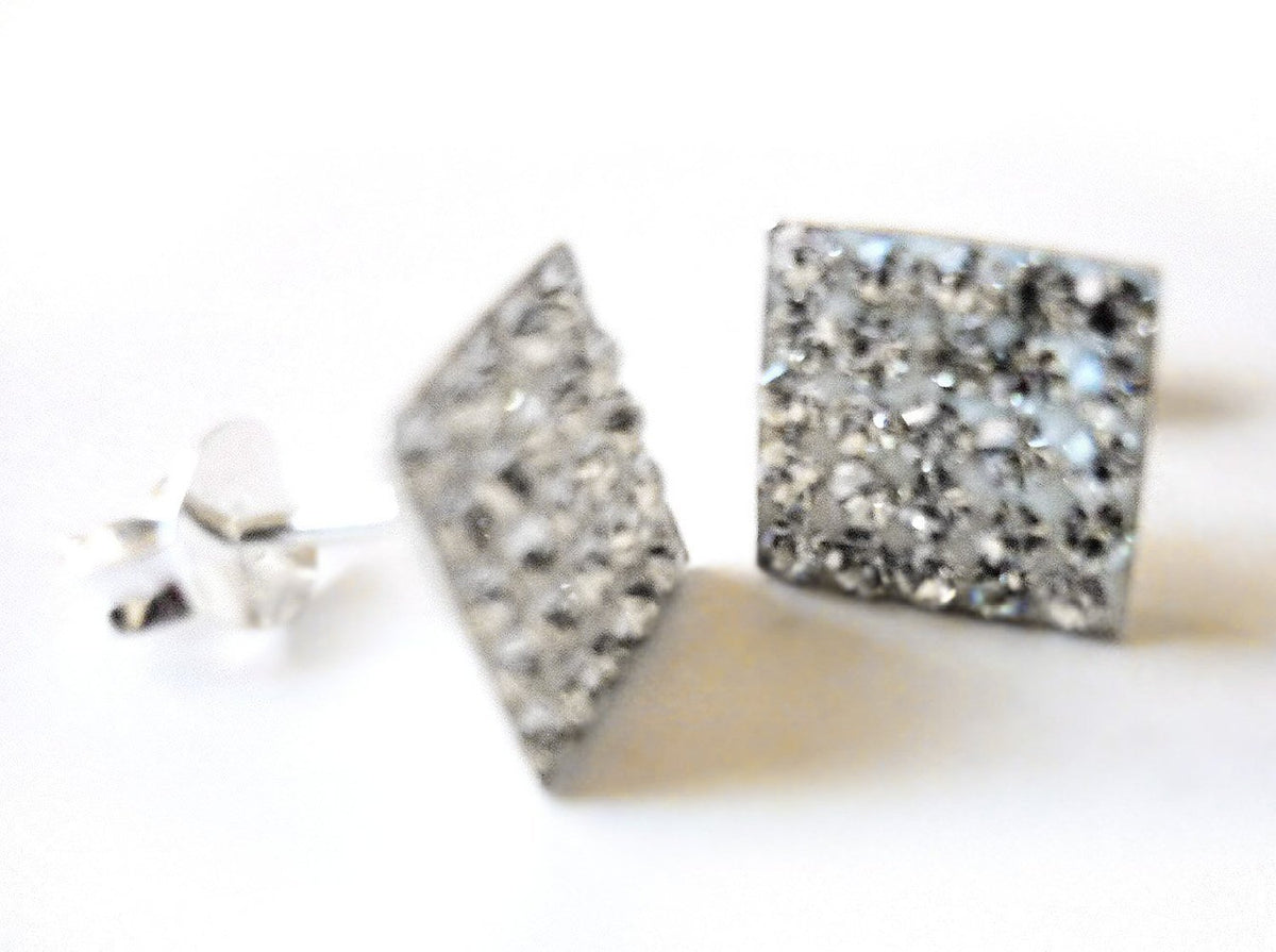 8MM Bling LADIES Square Micro Pave Austrian Crystal Sterling Silver Stud Earrings/Ear Studs for Women/Teenage/Girls - 925 Sterling Silver - White/Clear
