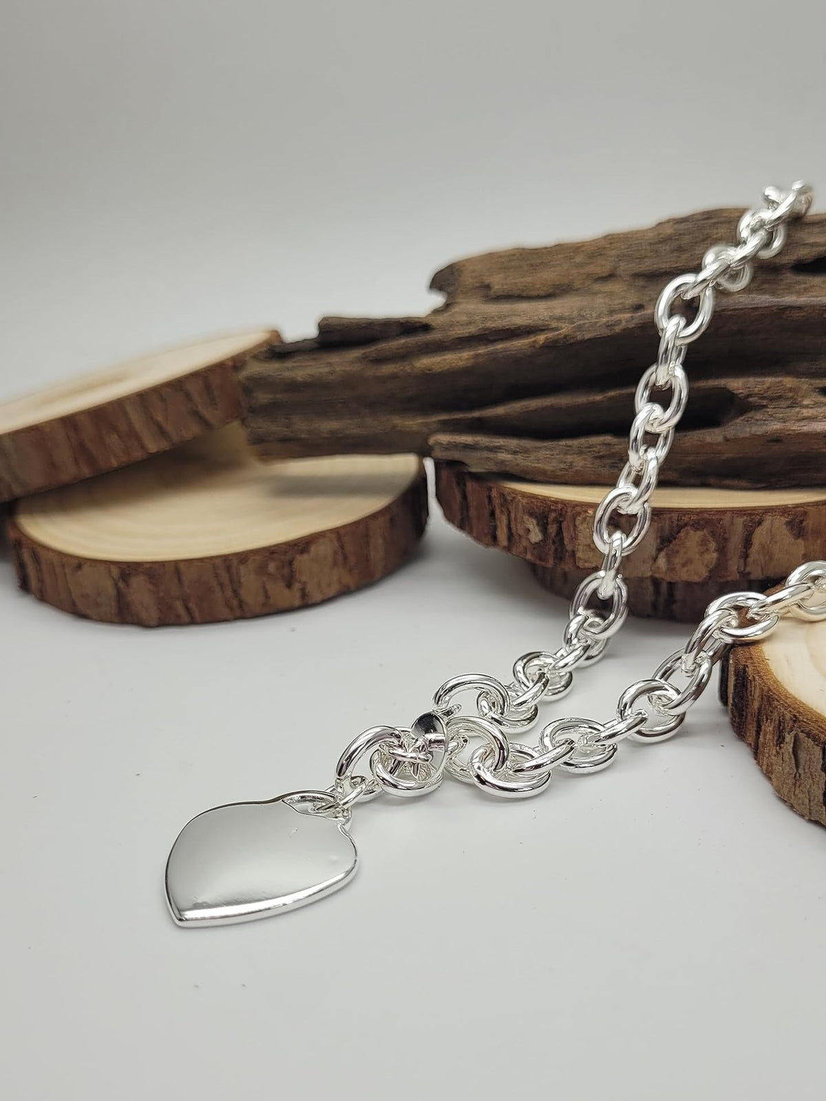 18" Inch Heart or Round Charm Tag Sterling Silver Plated Necklace for Women/Teenager/Girls on 18" Inch / 45cm Chain - Chunky Belcher Link Necklace with Charm Tag