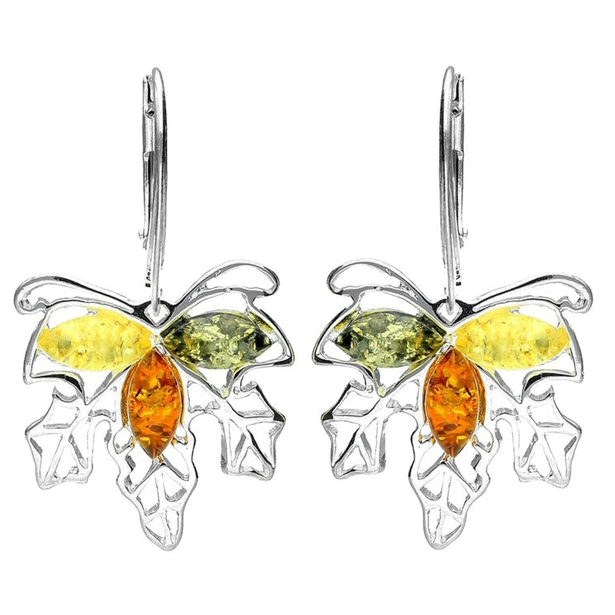 Amber Sterling Silver Earrings - Pretty Leaves Amber Fancy Dangly Drop Earrings - 070387