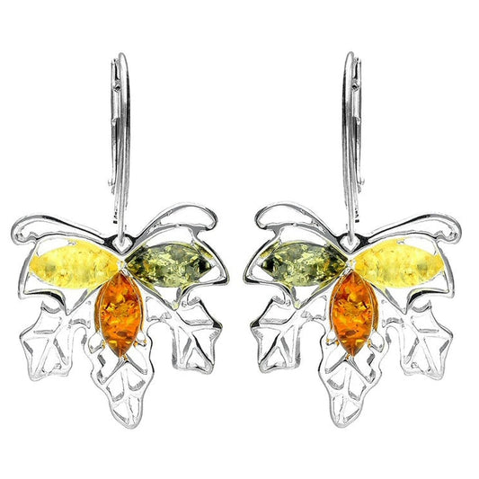 Amber Sterling Silver Earrings - Pretty Leaves Amber Fancy Dangly Drop Earrings - 070387