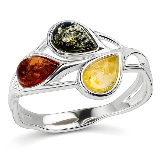 Tri-Colour Abstract Cluster Amber Sterling Silver Ring - Yellow, Green, Orange Amber Jewellery - 3-Stone Ring