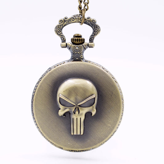 Skull Themed 3D Brushed Bronze Effect Quartz Pocket Watch Necklace - On 32" Inch / 80cm Chain