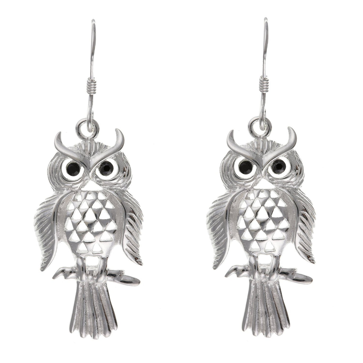 Large Owl Sterling Silver Dangly Drop Hook Earrings - Great Detail & Onyx Eyes. Over 5cm long. BP0044