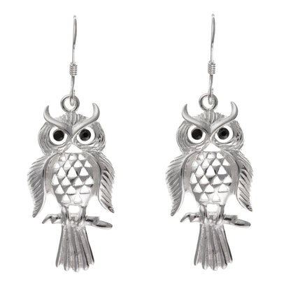 Large Owl Sterling Silver Dangly Drop Hook Earrings - Great Detail & Onyx Eyes. Over 5cm long. BP0044