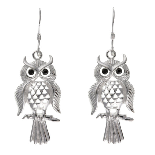 Large Owl Sterling Silver Dangly Drop Hook Earrings - Great Detail & Onyx Eyes. Over 5cm long. BP0044