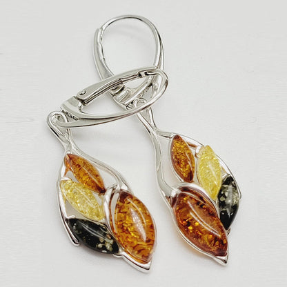Warped Teardrop Mixed Baltic Amber Lever Back Fancy Dangly/Dangle Drop Silver Earrings for Women/Ladies/Girls - 925 Sterling Silver - Amber Jewellery for Women. 070238