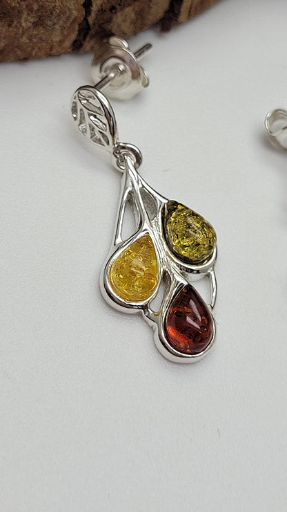 Mixed Amber Leaf Design Fancy Dangly/Dangle Drop Silver Earrings for Women/Teenage/Girls - 925 Sterling Silver - Mixed Orange Yellow & Green Amber - 11mm W X 29mm H. 070386