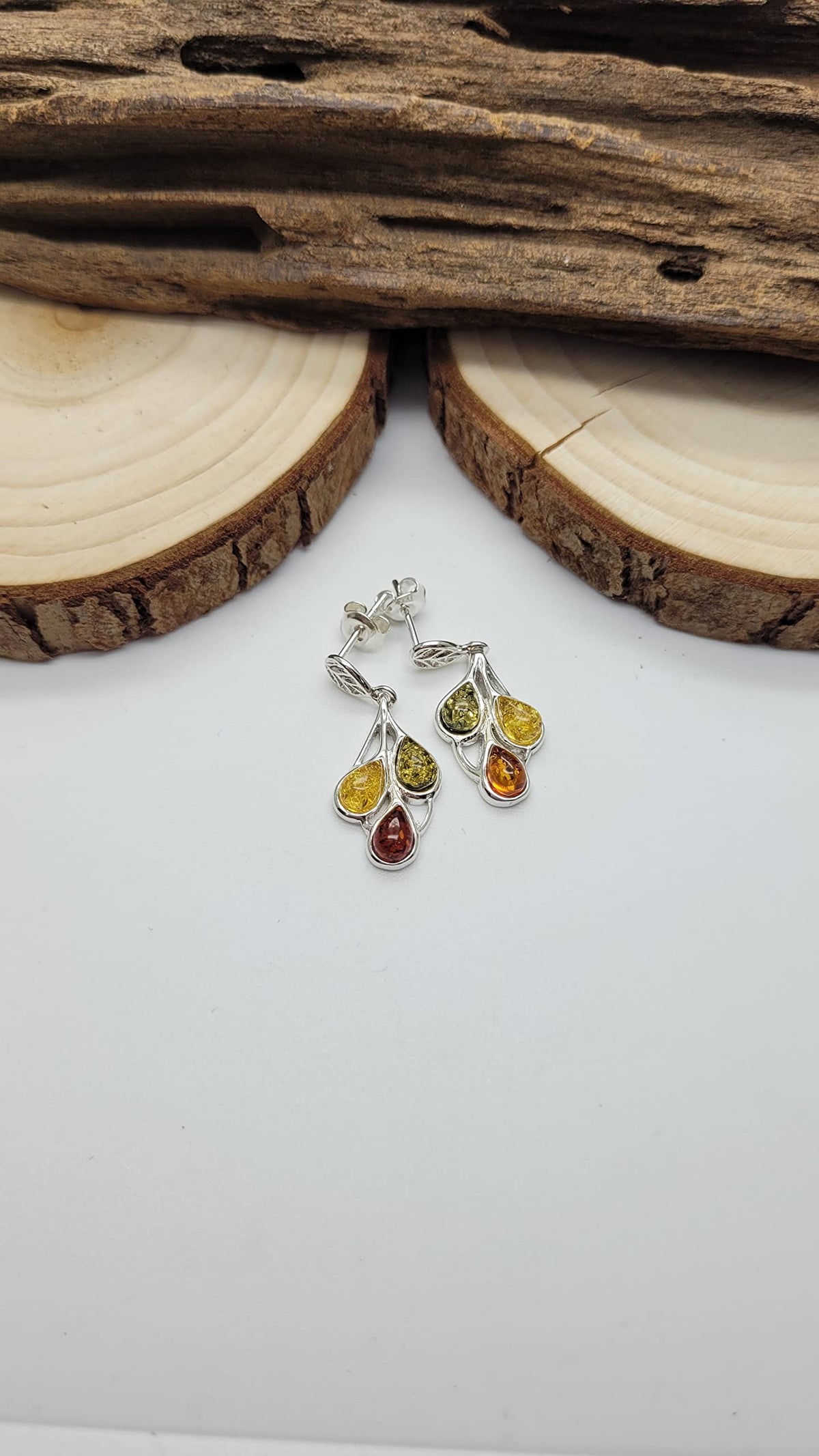 Mixed Amber Leaf Design Fancy Dangly/Dangle Drop Silver Earrings for Women/Teenage/Girls - 925 Sterling Silver - Mixed Orange Yellow & Green Amber - 11mm W X 29mm H. 070386