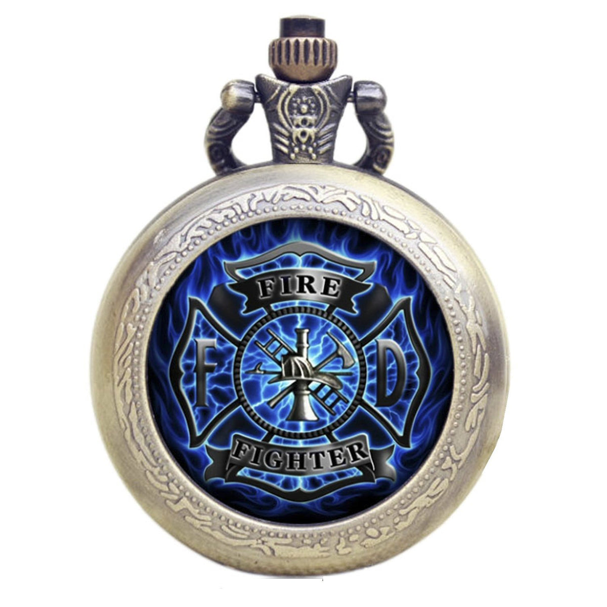 Blue Fireman/Firefighter Bronze Effect Antiqued/Vintage Case Men's Quartz Pocket Watch Necklace - On 32" Inch / 80cm Chain
