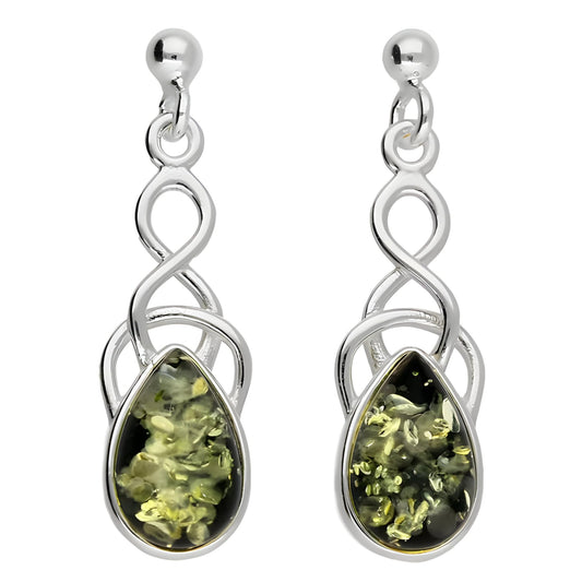 Amber Sterling Silver Earrings - Celtic Green Amber Fancy Dangly Drop Earrings for Women - 925 Sterling Silver. 080468