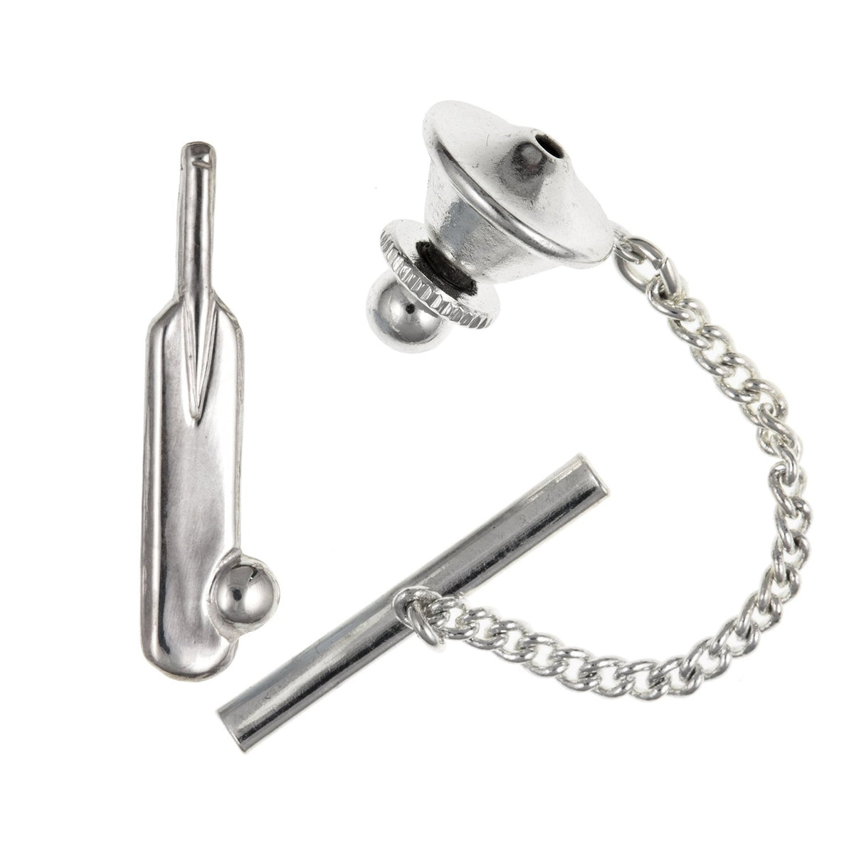 MENS Cricket Bat & Ball Tie Pin/Tack - Solid 925 Sterling Silver