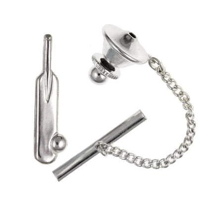 MENS Cricket Bat & Ball Tie Pin/Tack - Solid 925 Sterling Silver