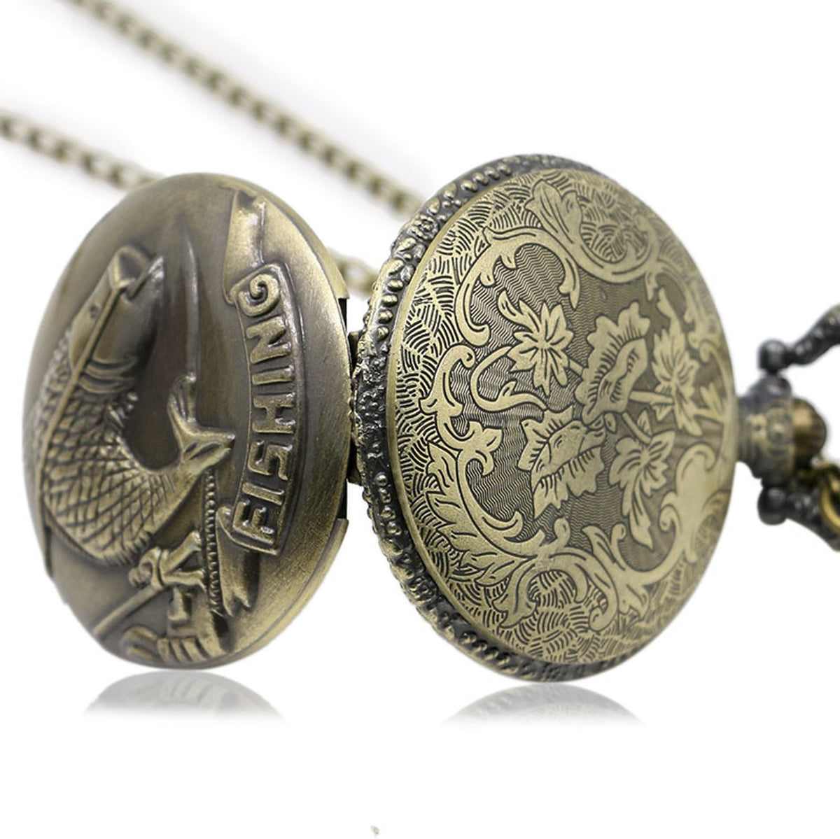 Fishing/Angling 3D Brushed Bronze Effect Antiqued/Vintage Case Men's Quartz Pocket Watch Necklace - On 32" Inch / 80cm Chain