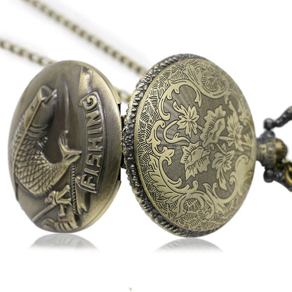 Fishing/Angling 3D Brushed Bronze Effect Antiqued/Vintage Case Men's Quartz Pocket Watch Necklace - On 32" Inch / 80cm Chain