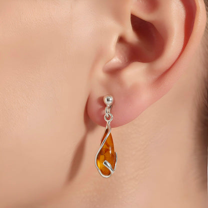 Looped Lozenge 925 Sterling Silver Amber Earrings for Women/Girls - Unusual Dangly/Dangling Sterling Silver Drop Earrings for Women - Ear Stud Baltic Amber Jewellery. 080467