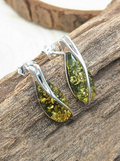 Small Teardrop Cut Baltic Amber Sterling Silver Drop Stud Earrings for Women Ladies Girls 