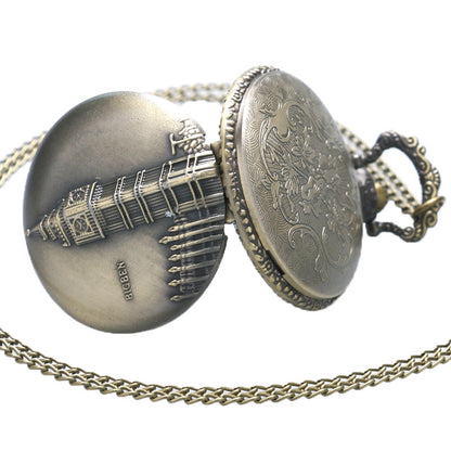 Big Ben Clock of London Brushed Bronze Effect Antiqued/Vintage Case Men's Quartz Pocket Watch Necklace - On 32" Inch / 80cm Chain
