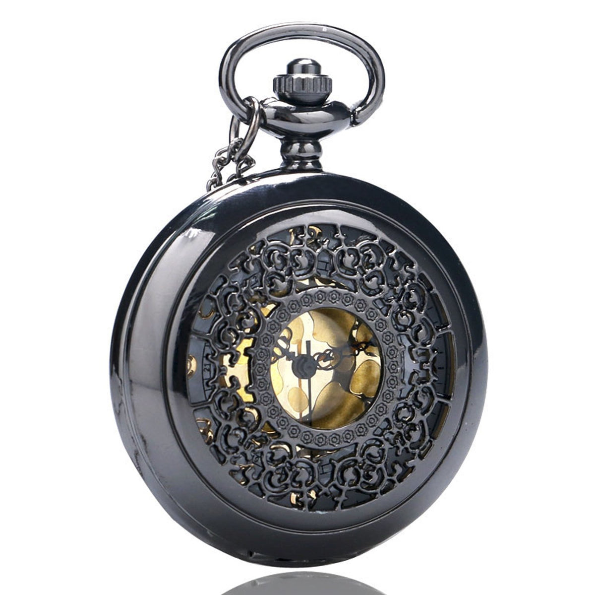 Filigree Pattern Half Hunter Women's Quartz Pocket Watch Necklace - On 32" Inch / 80cm 