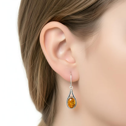 Teardrop Cabochon Cut Baltic Honey Amber Lever Back Sterling Silver Earrings for Women/Girls - Dangly/Dangle Drop Earrings - Amber Jewellery. 070403