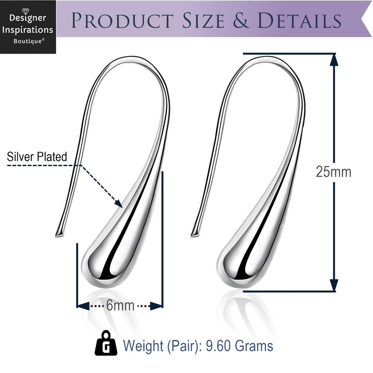Classic Elongated Teardrop Dangly/Dangle Drop Hook Earrings for Women Ladies Girls - 925 Sterling Silver Plated - Designer Inspired