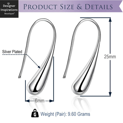 Classic Elongated Teardrop Dangly/Dangle Drop Hook Earrings for Women Ladies Girls - 925 Sterling Silver Plated - Designer Inspired