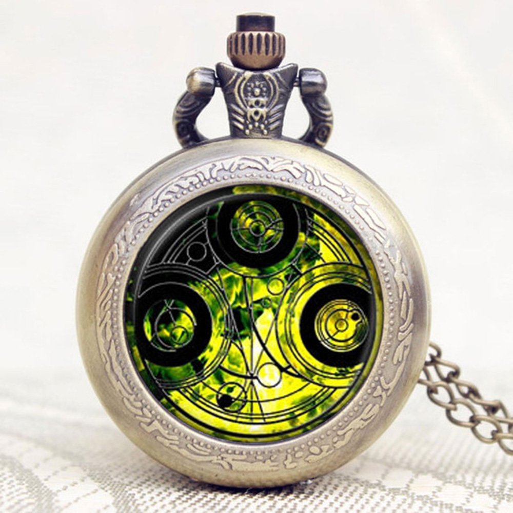 DR WHO Green Gallifrey Timelord Seal Bronze Effect Retro/Vintage Case Full Hunter Mens/Boys Quartz Pocket Watch Necklace - On 32" Inch / 80cm Chain