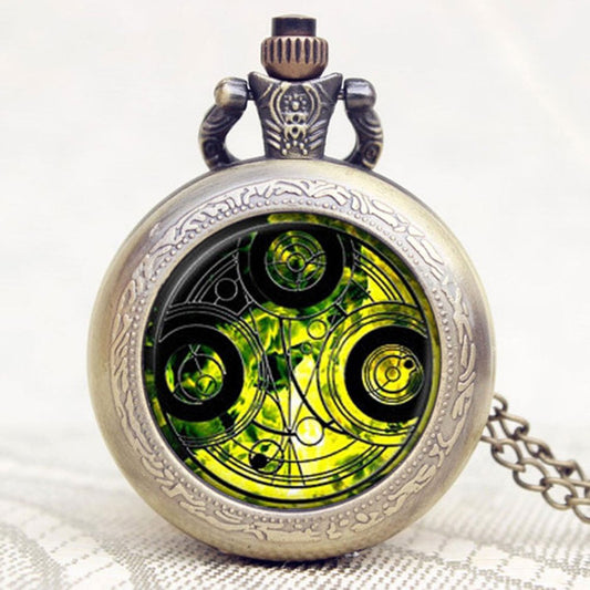 DR WHO Green Gallifrey Timelord Seal Bronze Effect Retro/Vintage Case Full Hunter Mens/Boys Quartz Pocket Watch Necklace - On 32" Inch / 80cm Chain